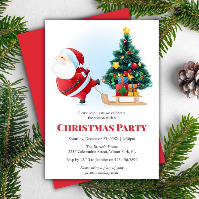 Modern Santa Julgran Julfest Inbjudningar (Modern Santa Christmas Tree Holiday Party Invitation)