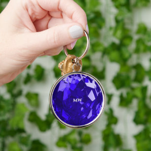 Modern Sapphire Blue September Birthstone Initiale Rund Silverfärgad Nyckelring