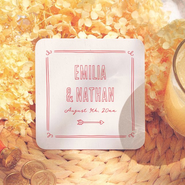 Modern Särpräglad Retro Handritad Cupid Bröllop Underlägg Papper Kvadrat (Skapare uppladdad)