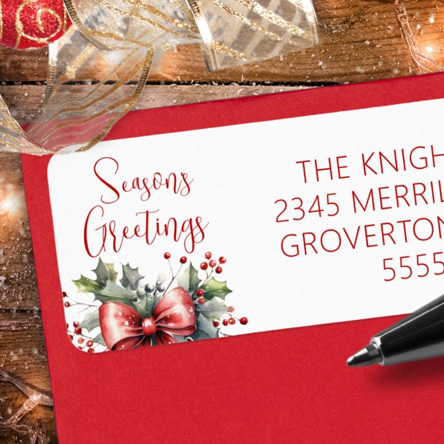Modern Säsonhälsningar skript Red Bow Holly Returadress Etikett (Skapare uppladdad)
