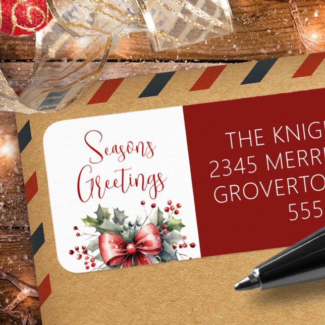 Modern Säsonhälsningar, skript, röd ruta Returadress Etikett (Skapare uppladdad)
