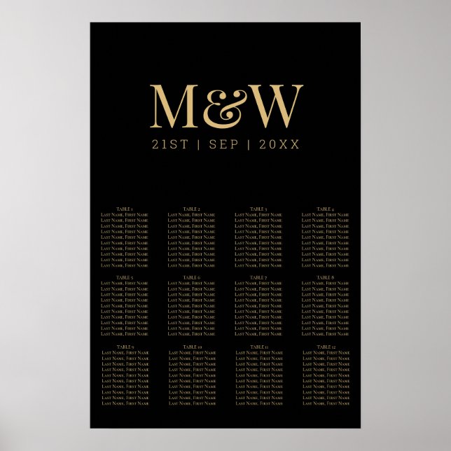 Modern sätesdiagram för svart Guld Monogram Bröllo Poster (Framsidan)