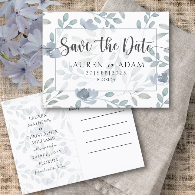 Modern Save Date Dusty Blue Eucalyptus Blommigt Meddelande Vykort (Skapare uppladdad)