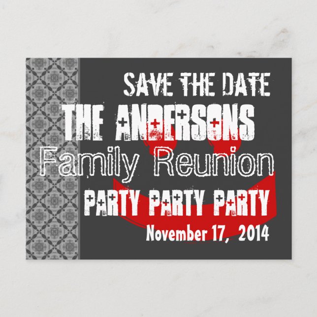 Modern Save Date Family Reunion Red Black Meddelande Vykort (Framsida)