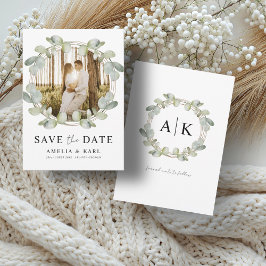 Modern Save Date Sage Grönt Eucalyptus Bröllop Spara Datumet