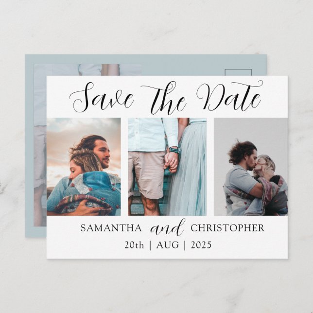 Modern Save the Date Elegant Script Foto Collage  Meddelande Vykort (Fram/baksida)