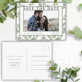 Modern Save the Date Grön Eukalyptus & Foto Vykort