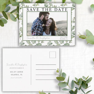 Modern Save the Date Grön Eukalyptus & Foto Vykort