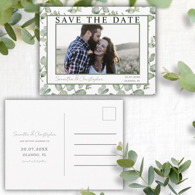 Modern Save the Date Grön Eukalyptus & Foto Vykort (Skapare uppladdad)