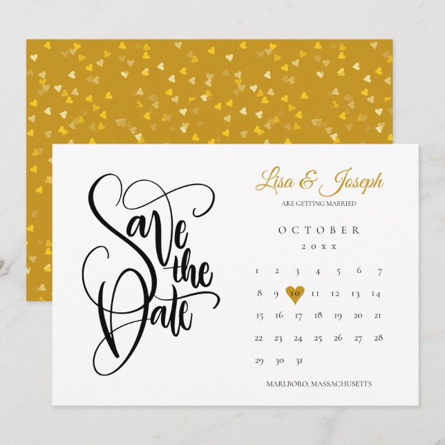 Modern Save the Date Kalender Guld Kärlek Hjarta Inbjudningar (Fram/baksida)