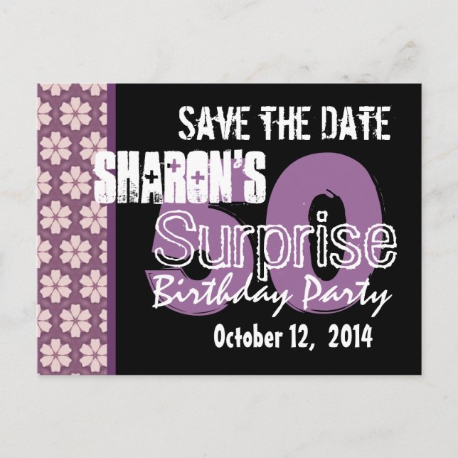 Modern Save the Date Överraskning 50-års Purple Bl Meddelande Vykort (Framsida)