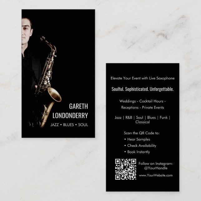 Modern saxophonist Musician Photo Professionell Visitkort (Modern Professional Saxophonist Musician Photo Business Card)
