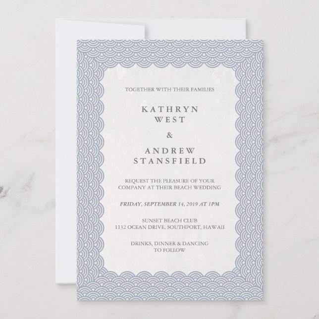 Modern Scalloped japansk Seigaiha Beach Wedding Inbjudningar (Framsida)