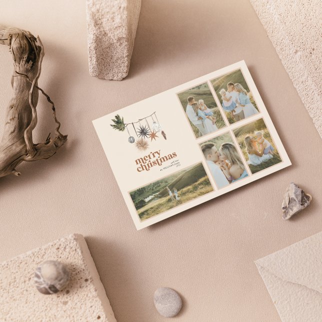 Modern Scandi Boho Neutralt Family 5 Photo Merry Julkort (Skapare uppladdad)