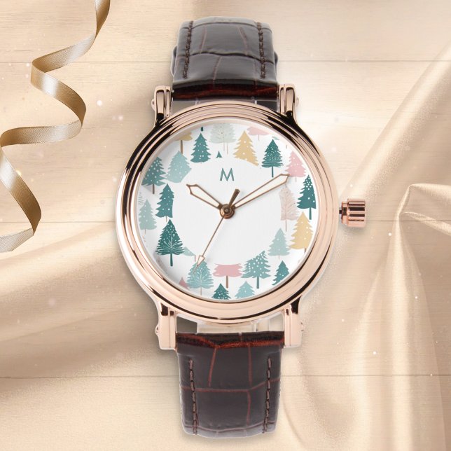 Modern Scandi Christmas Tree Pattern Monogram Armbandsur (An elegant monogrammed wristwatch with Scandi-style modern Christmas trees pattern in pastel colors)