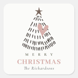 Modern Scandi Minimal Blush Heart Christmas Tree Fyrkantigt Klistermärke