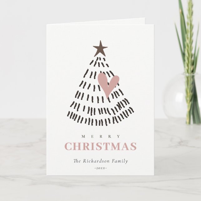 Modern Scandi Minimal Blush Heart Christmas Tree Helgkort (Framsida)