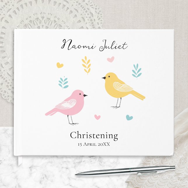 Modern Scandi Pastel Birds Baby Girl Christening Gästböcker (A pretty guest book for baby's Christening, with modern pastel birds design and custom name and date)