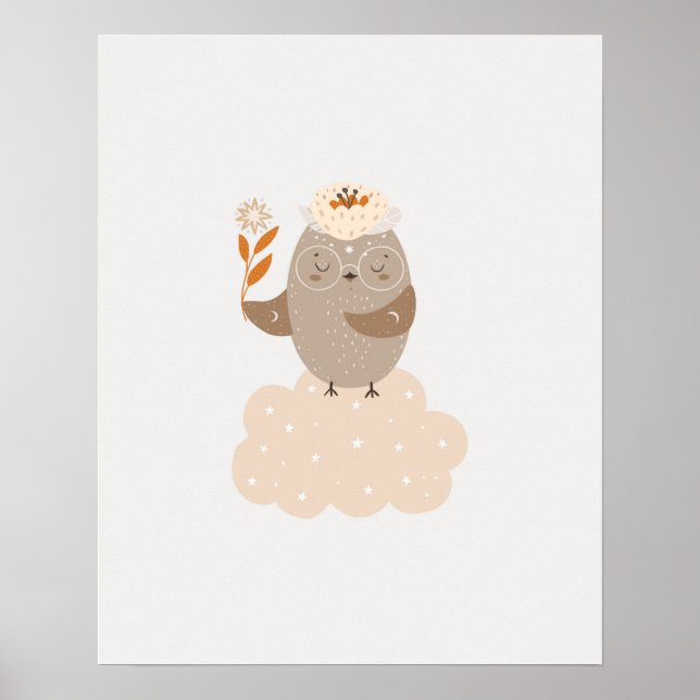 Modern scandi söt fågel på ett moln Barnkammare Poster (Framsidan)