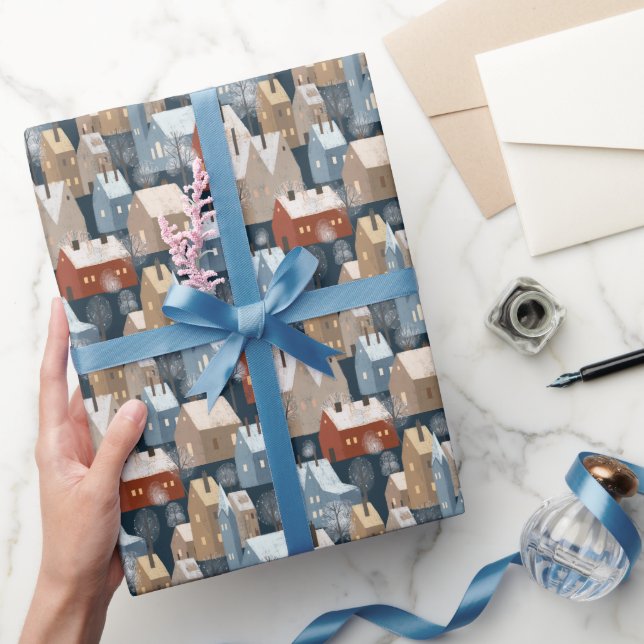 Modern Scandi Winter Town Houses Mönster Blue Red Presentpapper (Gifting)