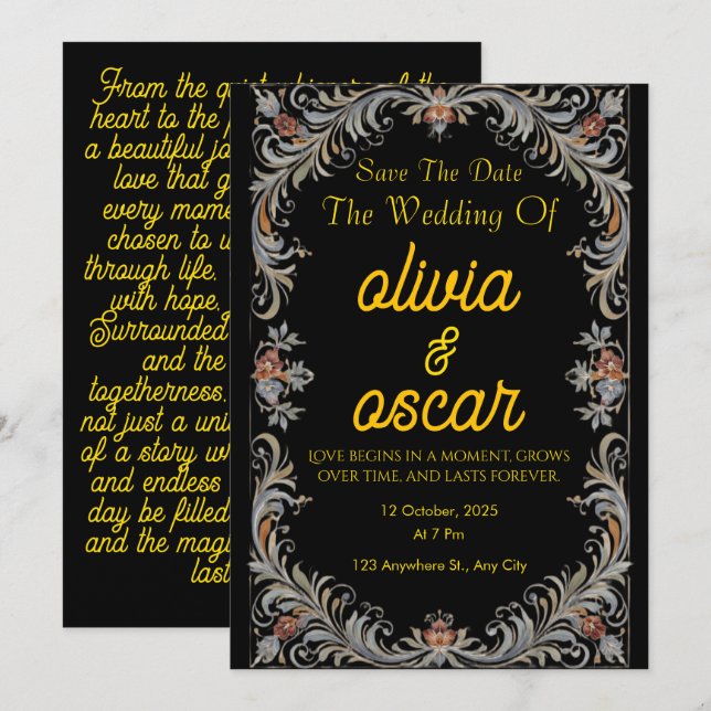 Modern Scandinavian Rosemaling Wedding Invitation  Inbjudningar (Fram/baksida)