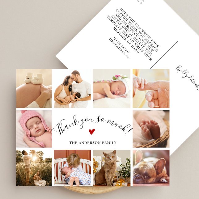 Modern Script 10 Foto Collage Ny Baby Tack Vykort (Skapare uppladdad)