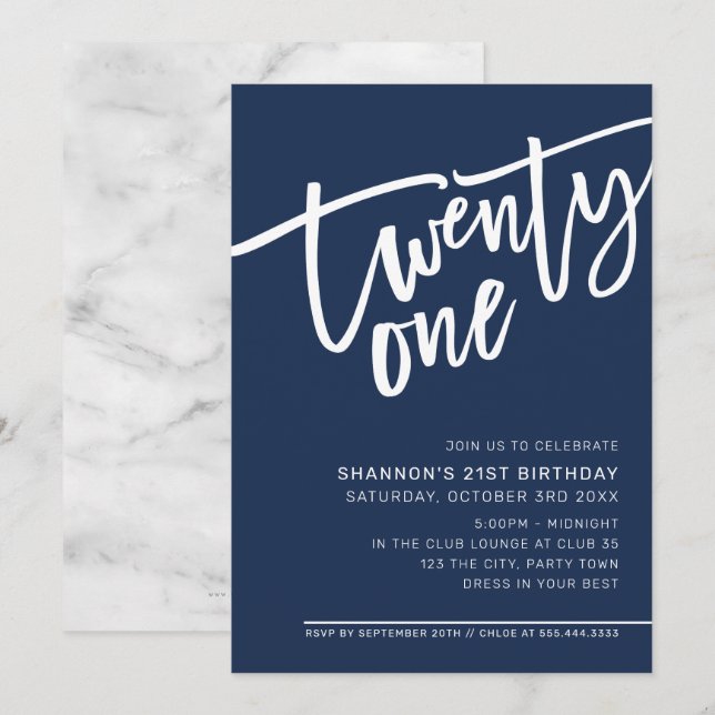 MODERN SCRIPT 21:a födelsedag party mörk marin blå Inbjudningar (Fram/baksida)