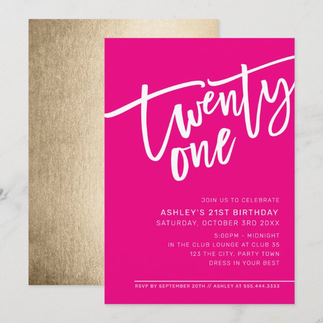 MODERN SCRIPT, 21:a födelsedag, vit rosa i party Inbjudningar (Fram/baksida)