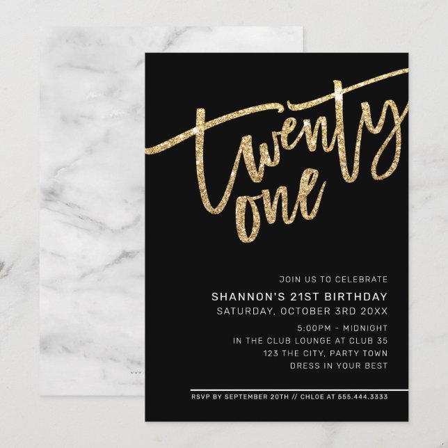 MODERN SCRIPT, 21:a party guld glitter svart Inbjudningar (Fram/baksida)