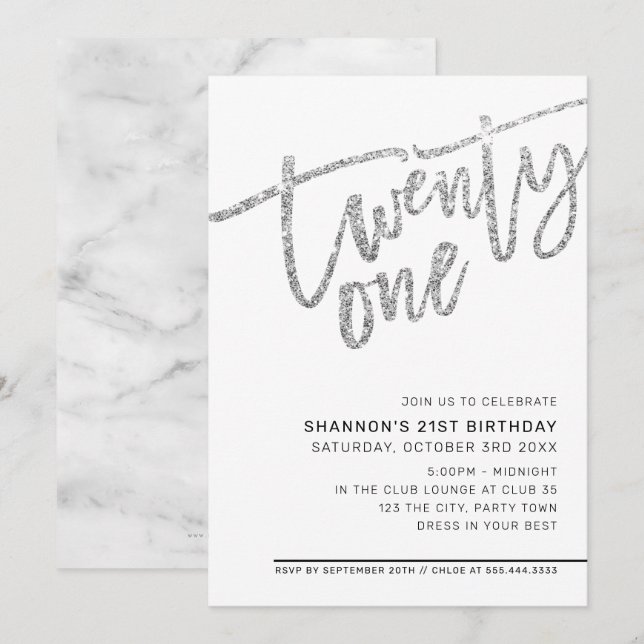 MODERN SCRIPT 21-årsdagen party silver glitter Inbjudningar (Fram/baksida)