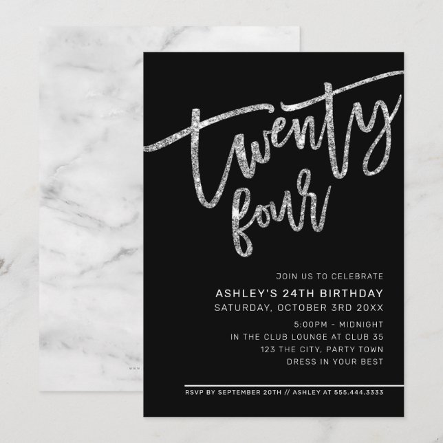 MODERN SCRIPT 24-årsdag svart silver glitter Inbjudningar (Fram/baksida)