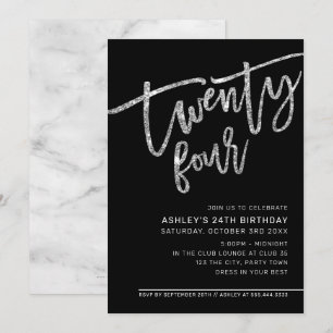 MODERN SCRIPT 24-årsdag svart silver glitter Inbjudningar