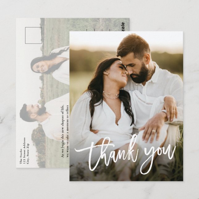 Modern Script 2 Foto Bröllop Tacksamhet Vykort (Fram/baksida)