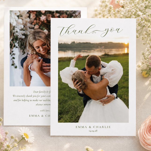 Modern Script 2 Foto Tack hjärta Bröllop Kort (Modern Script 2 Photo Thank you Heart Wedding Card)