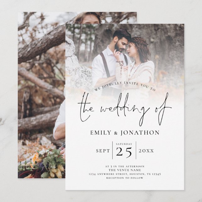Modern Script 2-fotobröllop - inbjudan (Fram/baksida)