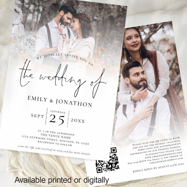 Modern Script 2-fotoöverlägg QR-kod Bröllop Inbjudningar (Front and back view modern 2 Photo Overlay wedding invitation auto generated QR code to your website)
