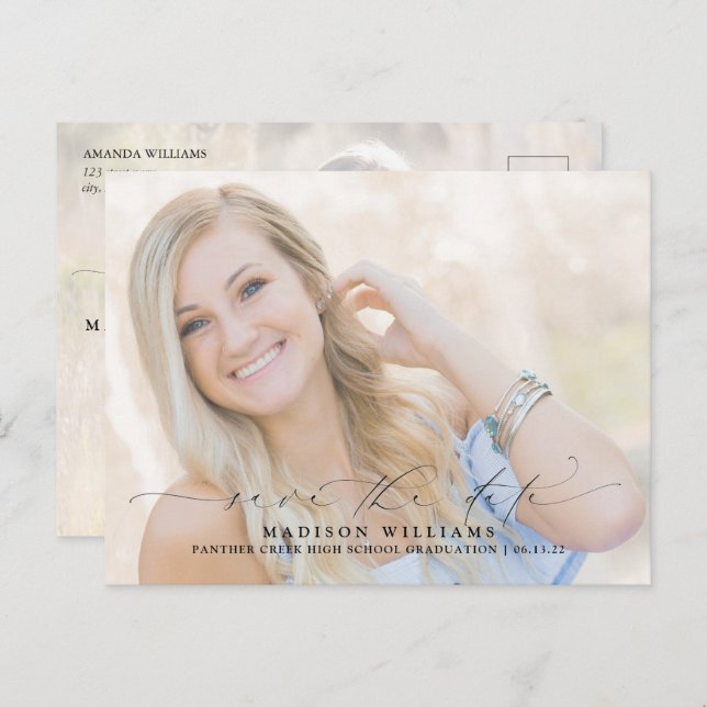 Modern Script 2 Photo Studenten Spara datum Meddelande Vykort (Fram/baksida)