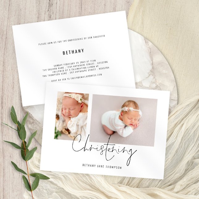 Modern Script 2 Photos Christening Inbjudningar (Skapare uppladdad)