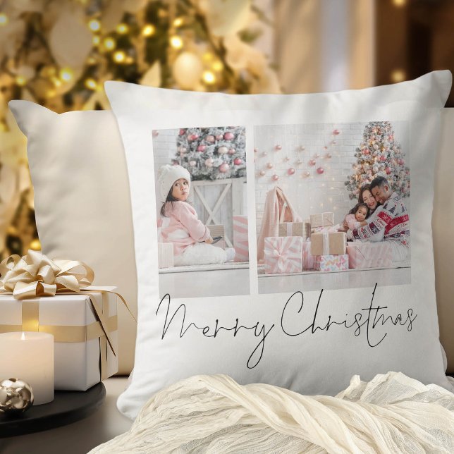 Modern Script 2 Photos God jul Kudde (Add your favorite photos! Back is plain and you can change to any color to display all year through)