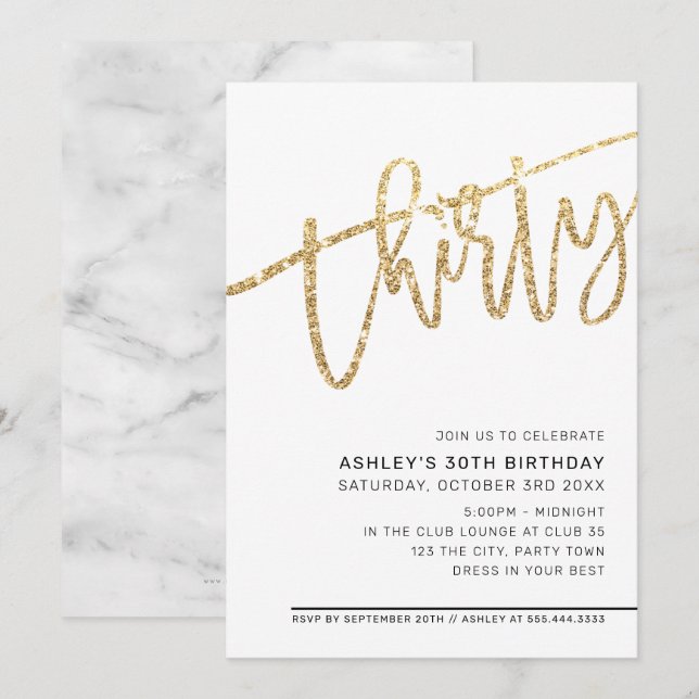 MODERN SCRIPT 30ÅRS FÖDELSEDAG PARTY GULD GLITTER INBJUDNINGAR (Fram/baksida)