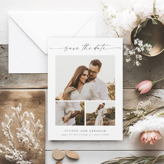 Modern Script 3 Foto Bröllop Spara Datum Magnet (An elegant 3 photo wedding save the date magnet with handwritten script and minimal typography.)
