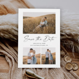 Modern Script 3 Foto Bröllop Spara Datum Magnetisk Inbjudningskort
