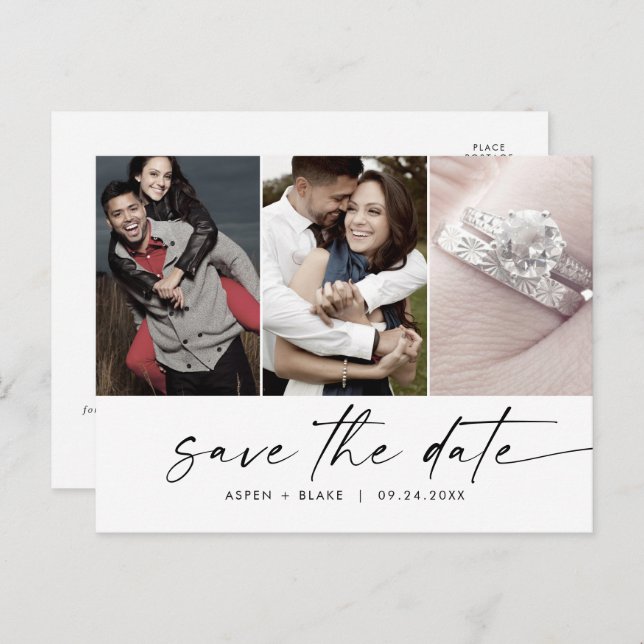 Modern Script 3-foto Spara datum Inbjudan Vykort (Fram/baksida)