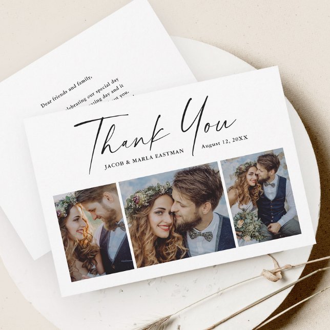 Modern Script 3 Photo Bröllop Tack Kort (Modern script black and white 3 photo collage wedding thank you card.)