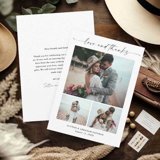 Modern Script 3 Photo Bröllop Tack Kort (Elegant 3 photo wedding thank you card with modern love and thanks script typography.)