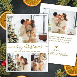 Modern Script 3 Photo Collage Gold White Christmas Julkort