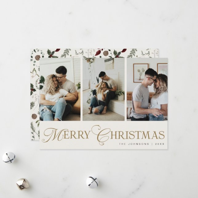 Modern Script 3 Photo Collage Merry Christmas Julkort (Fram/Back In Situ)