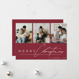 Modern Script 3 Photo Collage Red Merry Christmas Julkort