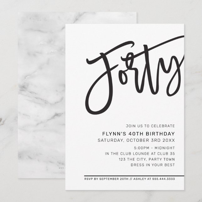 MODERN SCRIPT 40-årsdagen party svartvit Inbjudningar (Fram/baksida)