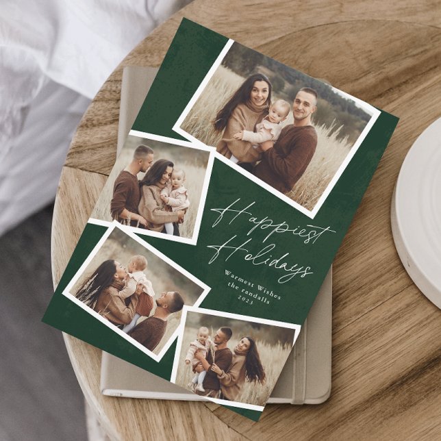 Modern Script 4 Foto Collage Gladast Julkort (Modern script 4 photo collage happiest holidays card in dark green.)